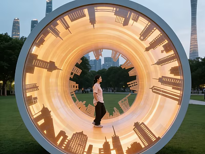 Illuminated Circular Landscape Sculpture With City Skyline Silhouettes And Person In Urban Park 3d model