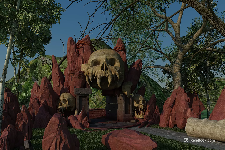 Mysterious Entrance Gate Surrounded by Red Rocks Large Skull Decorations and Green Trees 3d model 