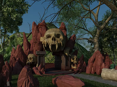 Mysterious Entrance Gate Surrounded by Red Rocks Large Skull Decorations and Green Trees 3d model