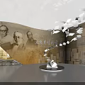 Historical Culture Museum Exhibition With Portraits Ancient Documents And Display Platform