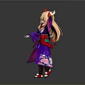 Game and Movie Character Wearing Purple Kimono With Orange Long Hair Red Horns Floral Patterns