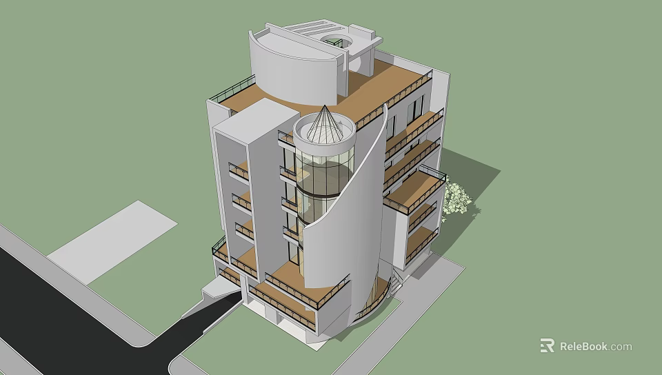 Modern Detached Villa With Curved Design Multiple Balconies And Glass Facade 3d model 