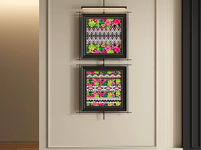 Colorful Abstract Paintings With Intricate Patterns Framed In Black Hanging On Light Wall 3d model