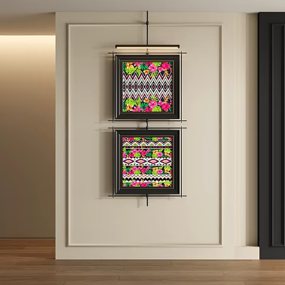 Colorful Abstract Paintings With Intricate Patterns Framed In Black Hanging On Light Wall 3d model