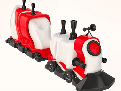 Red And White Toy Train With Two Carriages Black Wheels Chimneys And Red Circular Front 3d model