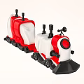 Red And White Toy Train With Two Carriages Black Wheels Chimneys And Red Circular Front