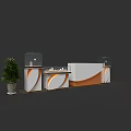 Modern Display Shelves With White And Orange Curved Design Glass Cases Counter And Potted Plant