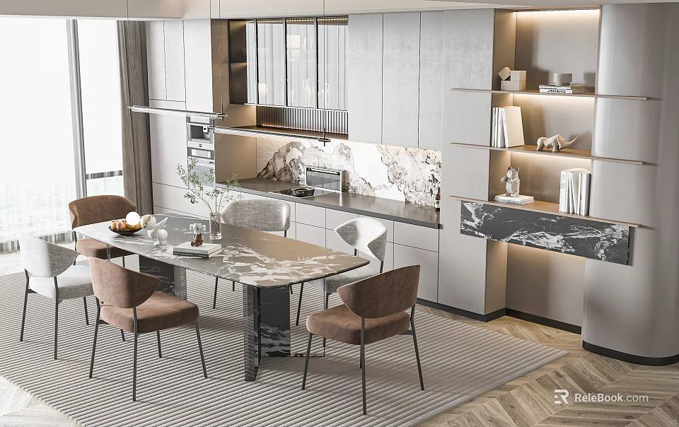 Modern Dining Table Set With Chairs In Open Kitchen Marble Countertop And Cabinets 3d model 