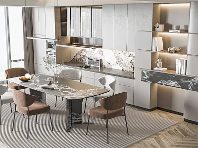 Modern Dining Table Set With Chairs In Open Kitchen Marble Countertop And Cabinets 3d model