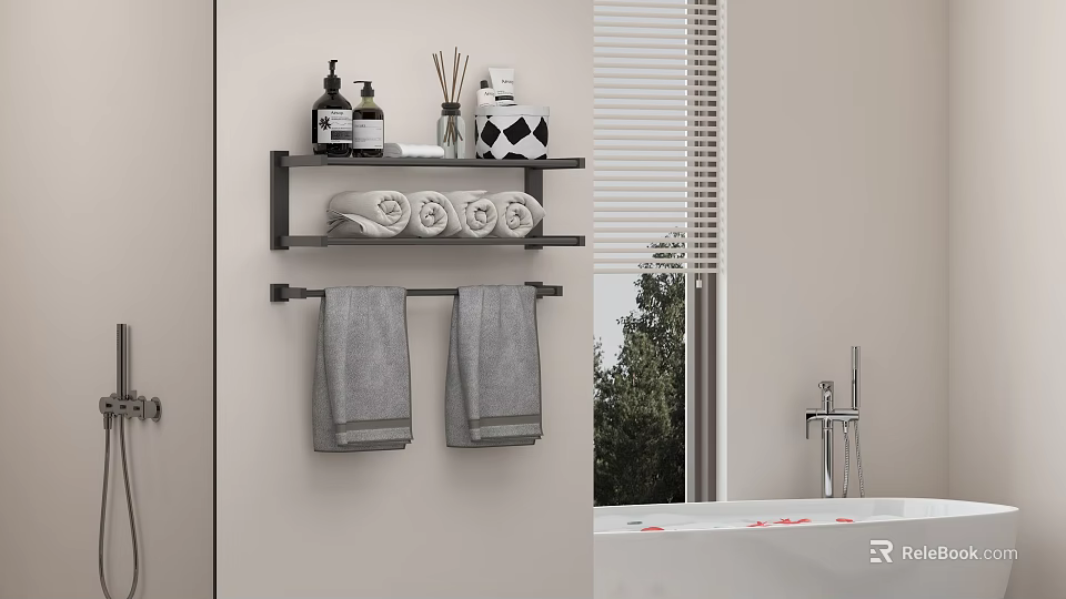 Bathroom Accessories on Wall Mounted Shelf with Rolled Towels and Toiletries in Modern Bathroom 3d model 