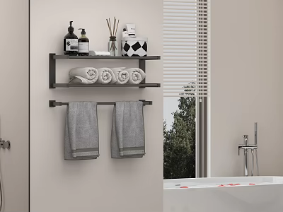 Bathroom Accessories on Wall Mounted Shelf with Rolled Towels and Toiletries in Modern Bathroom 3d model