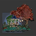 Miniature Garden Scene With Red Leaf Tree Wooden Cabin Small Pond And Green Plants