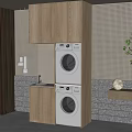 Modern Bathroom Cabinet With Stacked Washing Machine Dryer Tile Wall And Green Plant Decor