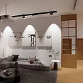 Modern Minimalist Living Room With Track Lighting Decorative Artworks And Warm Cozy Home Furnishings