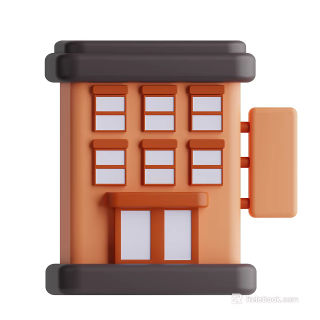 Orange Brown Two Story Hotel Building With Six Windows Double Doors And Side Signboard 3d model 