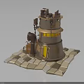 Steampunk Style Multi level Building With Metal Structure Stone Paved Base And Yellow Illuminated Windows 3d model