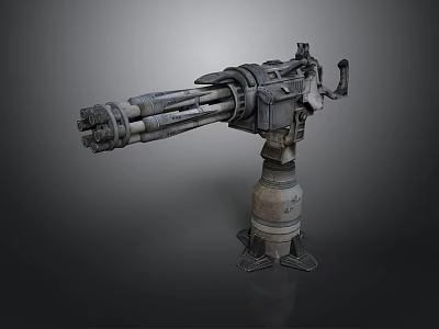 Multi barrel mechanical weapon with heavy duty metal texture and stable base 3d model
