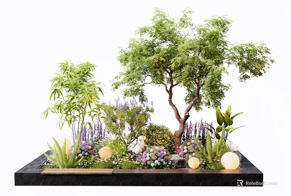 Beautiful Garden Landscape With Tree Bamboo Purple Flowers And Decorative Lights 3d model 