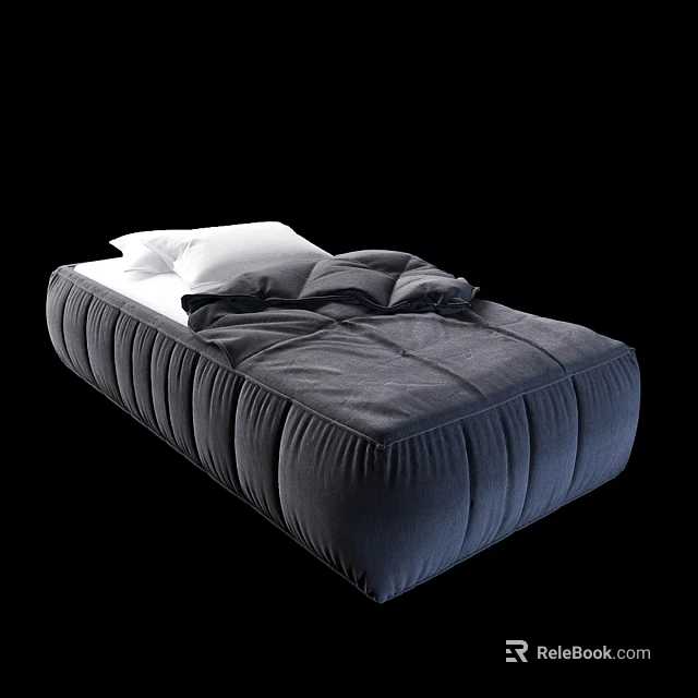 Gray Upholstered Double Bed With White Pillows And Soft Pleated Comforter 3d model 
