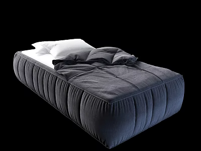 Gray Upholstered Double Bed With White Pillows And Soft Pleated Comforter 3d model