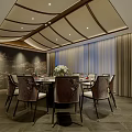 Private Dining Box Interior With Round Table Chairs Chandelier And Decorative Mural