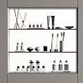 Perfume Cosmetics Display On White Multi tiered Shelves With Bottles Reed Diffusers And Jars 3d model