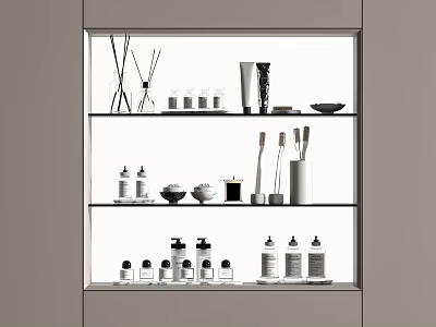 Perfume Cosmetics Display On White Multi tiered Shelves With Bottles Reed Diffusers And Jars 3d model