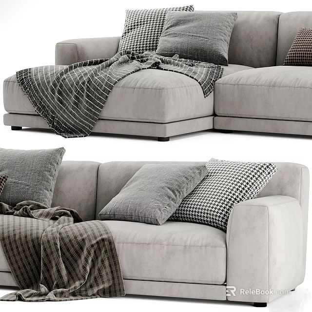 Light Gray Sectional Sofa With Plaid Throw Pillows And Knit Blanket 3d model