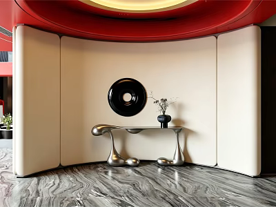 Modern Hotel Lobby Design With Red Curved Ceiling Black Artwork And Marble Floor 3d model