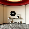 Modern Hotel Lobby Design With Red Curved Ceiling Black Artwork And Marble Floor