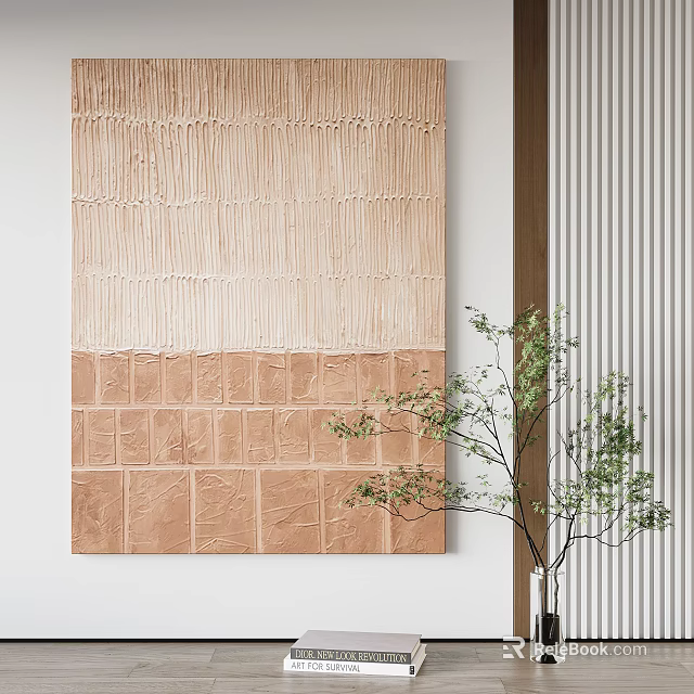 Textured Wall Artwork With Brick Pattern And Green Plant Decoration 3d model