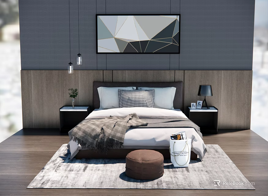 Bed with Headboard Background Geometric Wall Art Nightstands Table Lamps Small Plants Rug Wooden Floor 3d model 