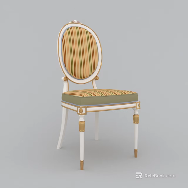 Elegant Vintage Dining Chair With Striped Upholstered Seat White Frame And Gold Accents 3d model 
