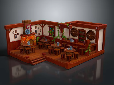 Cozy Pub Interior Design With Wooden Tables Chairs Fireplace Wine Rack Green Plants And Decorative Paintings 3d model