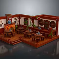 Cozy Pub Interior Design With Wooden Tables Chairs Fireplace Wine Rack Green Plants And Decorative Paintings