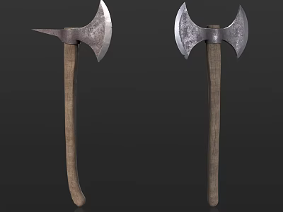 Vintage Double Headed Axes With Metal Blades And Wooden Handles As Weapon 3d model