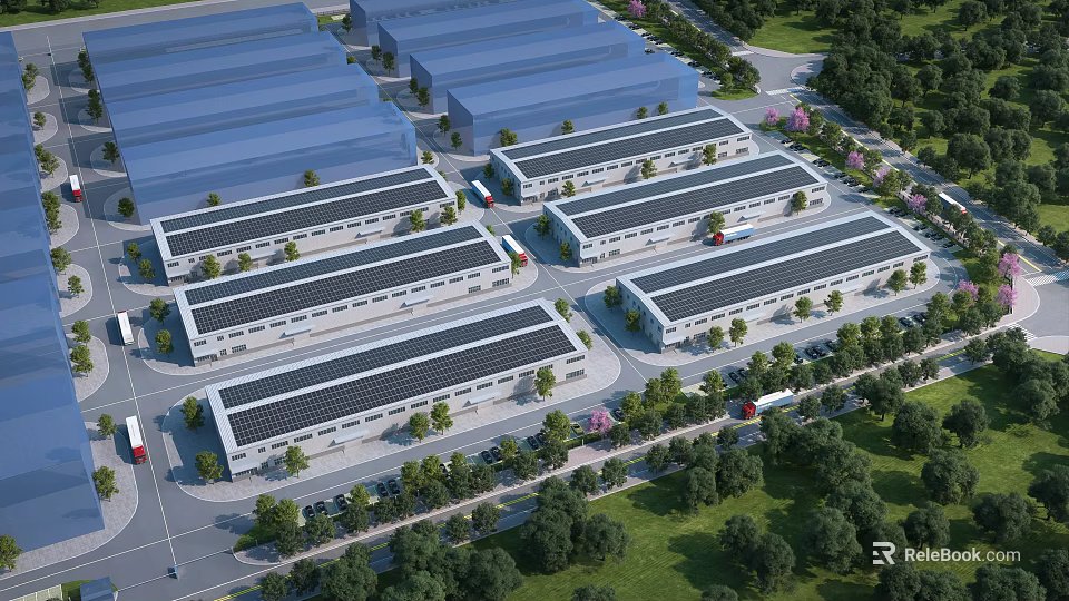 Aerial View of Industrial Factory Complex With Neatly Arranged Buildings Greenery Roads and Vehicles 3d model 