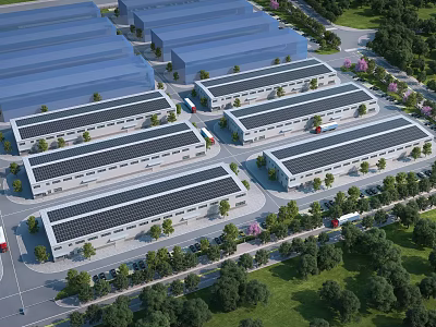 Aerial View of Industrial Factory Complex With Neatly Arranged Buildings Greenery Roads and Vehicles 3d model