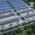 Aerial View of Industrial Factory Complex With Neatly Arranged Buildings Greenery Roads and Vehicles