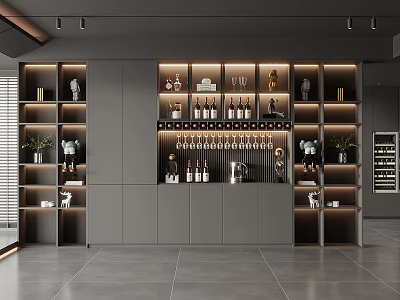 Modern Elegant Wine Cabinet with Open Design Multiple Shelves Lighting and Marble Countertop 3d model