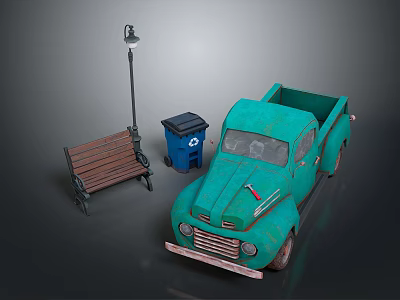 Outdoor Street Scene With Green Vintage Truck Wooden Bench Street Lamp And Trash Bin 3d model