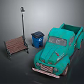 Outdoor Street Scene With Green Vintage Truck Wooden Bench Street Lamp And Trash Bin