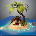 Red Clothed Pirate Bird Creature Standing On Tropical Island With Palm Tree And Blue Water