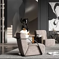 Modern Living Room Interior With Curved Chandelier Abstract Painting Fireplace Sofa Armchairs And Patterned Rug