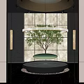 Modern Indoor Decor With Central Plant On Circular Platform And Hanging Lights