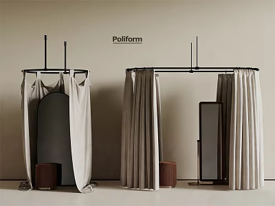 Poilform Modern Room Divider With Fabric Curtains Metal Frame Mirror And Stool 3d model
