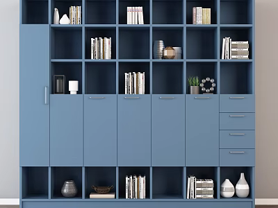 Blue Modern Bookcase With Open Shelves Books Vases And Decorative Items 3d model