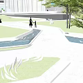 Modern Garden Landscape With Curved Pathways Lawn Seating Areas Trees And Glass Structures