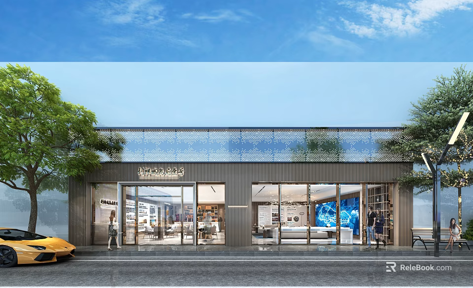 Modern Shopping Mall Store Exterior With Large Glass Windows Green Trees And People Walking By 3d model 
