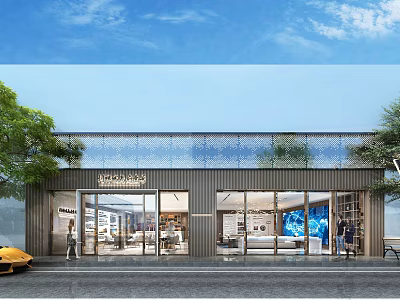 Modern Shopping Mall Store Exterior With Large Glass Windows Green Trees And People Walking By 3d model